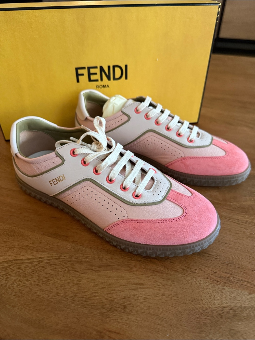 Fendi Pink & White Low-Top Suede and Leather Sneakers